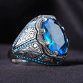 Geometric antique silver couple ring with blue zircon decoration