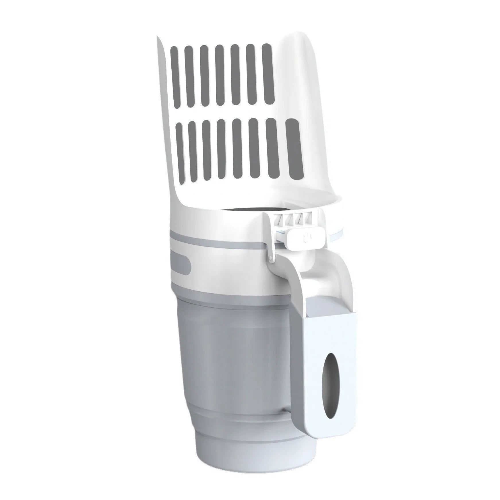 Grey foldable cat litter scoop with integrated waste canister and refill bags