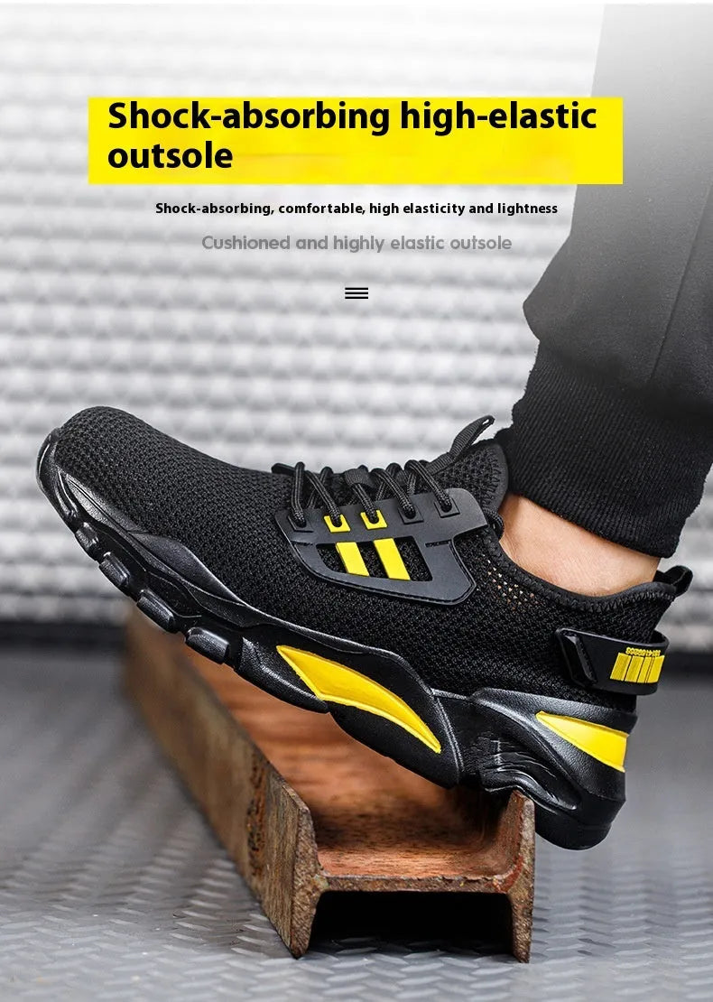 Men's black Flyknit low-top work shoes with steel toe cap on grey background