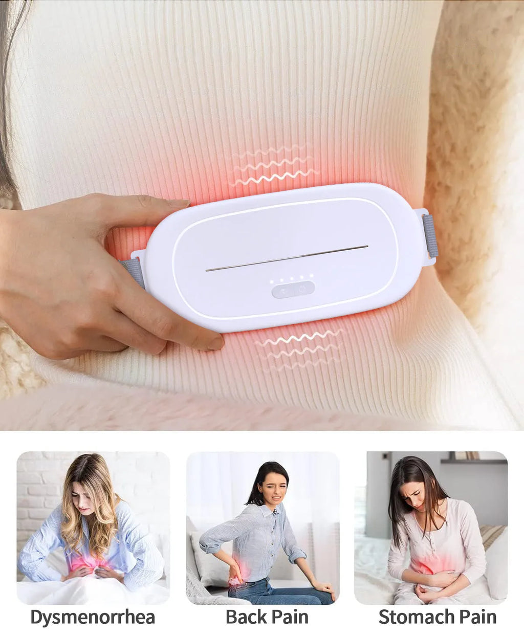 White fabric uterine warming device showing flexible design for abdominal placement.