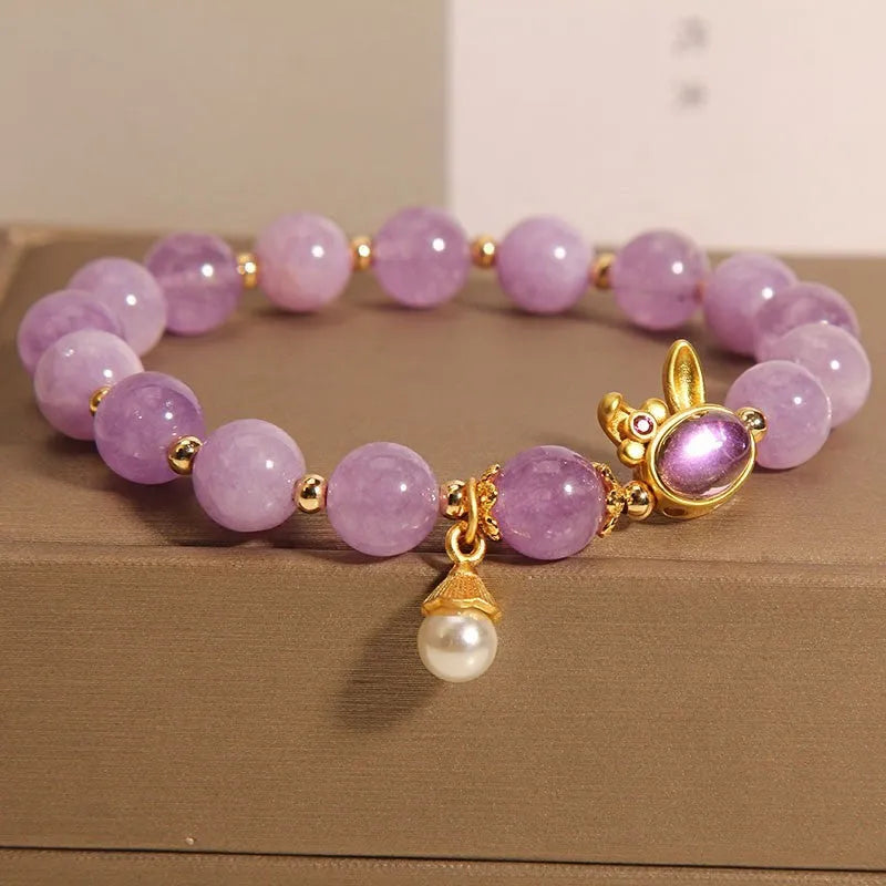 Mori style crystal bracelet with purplish red jade hare head design