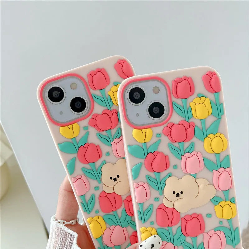 Creative cartoon little bear flowers silicone phone case with tulip pendant in pink for Apple iPhone