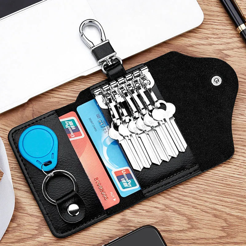 Square genuine leather keychain card holder with key ring in black colour.
