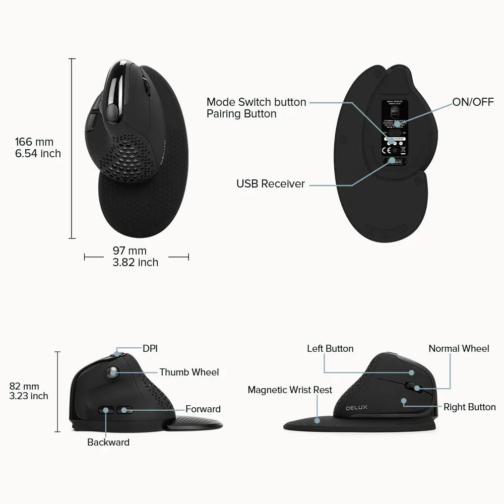 M618XSD ergonomic thumb wheel three-mode rechargeable mouse in black with wrist rest and USB-C cable