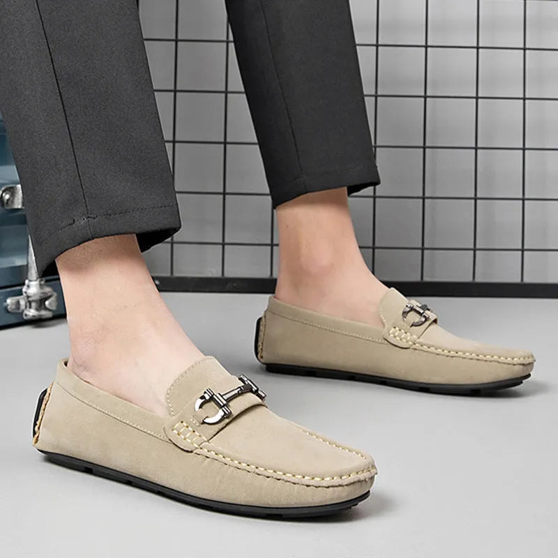 Men's casual loafers in beige with round toe design and rubber sole