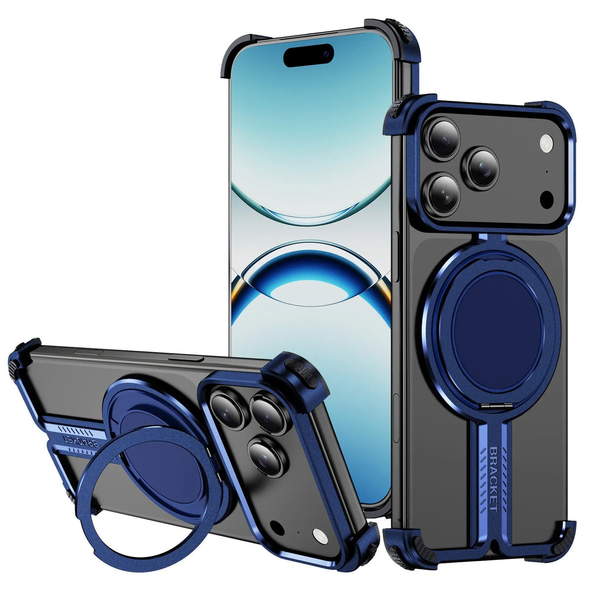 Titanium alloy bone sensing bracket frameless phone case for iPhone 17 series in black, sapphire blue, orange, and grey.