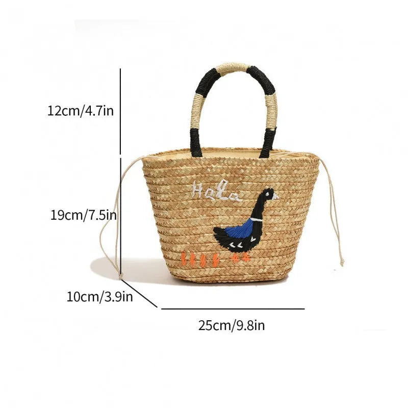 Women's hand-woven straw khaki tote bag with open outer pocket