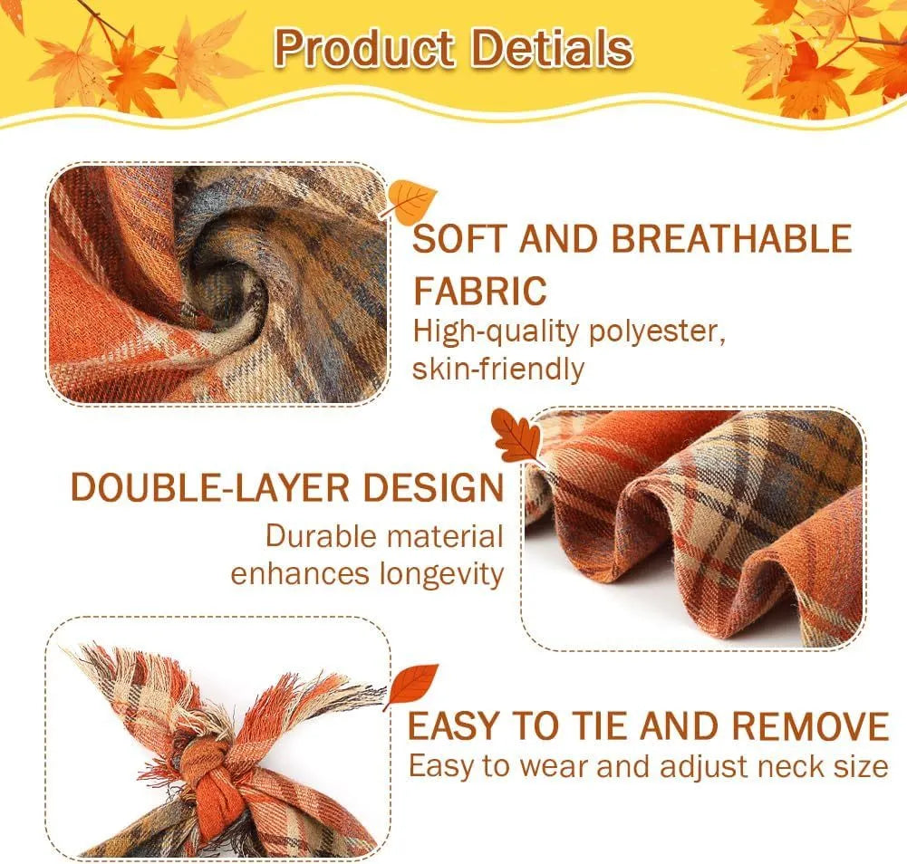 Brown, green, orange, red, and yellow plaid dog bandana with tassels on the edges.