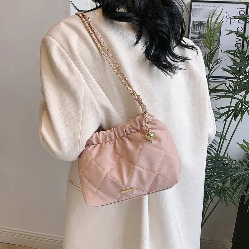 Fashion Rhombus Chain Shoulder Messenger Bag in soft PU leather, horizontal square shape, single strap, colour options black blue pink white