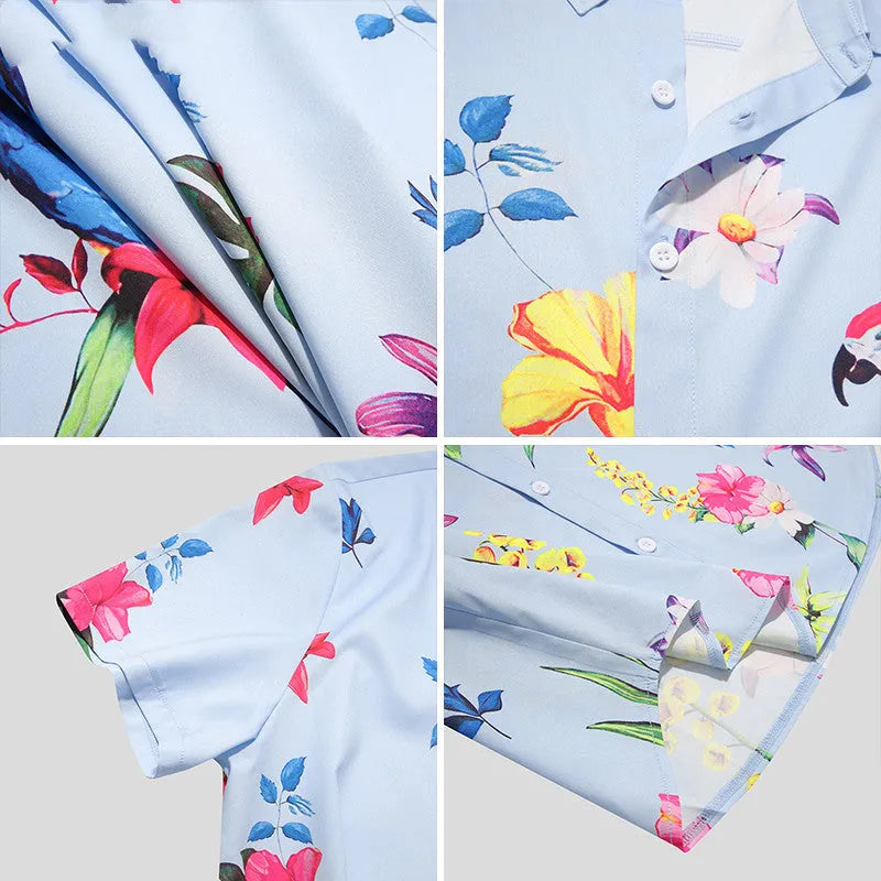 Men's blue Hawaiian beach short sleeve shirt with pointed collar, front view on mannequin
