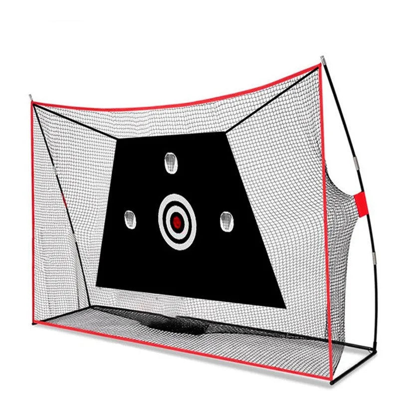 Golf swing wedge training net with 3-hole target, straw mat, practice balls, and setup accessories