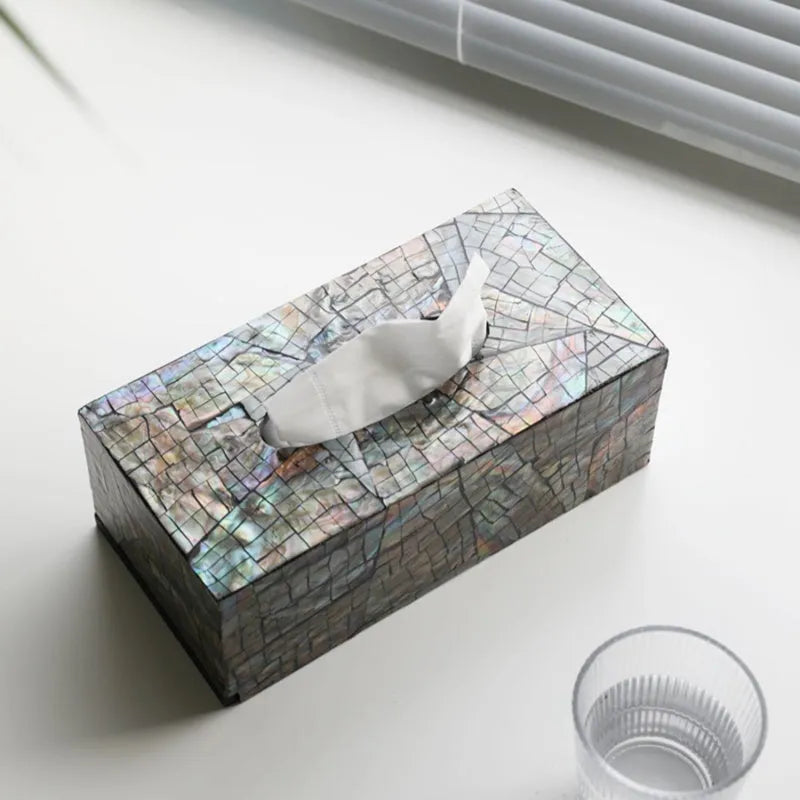 Black rectangular and square natural shell tissue box storage holder on a coffee table.
