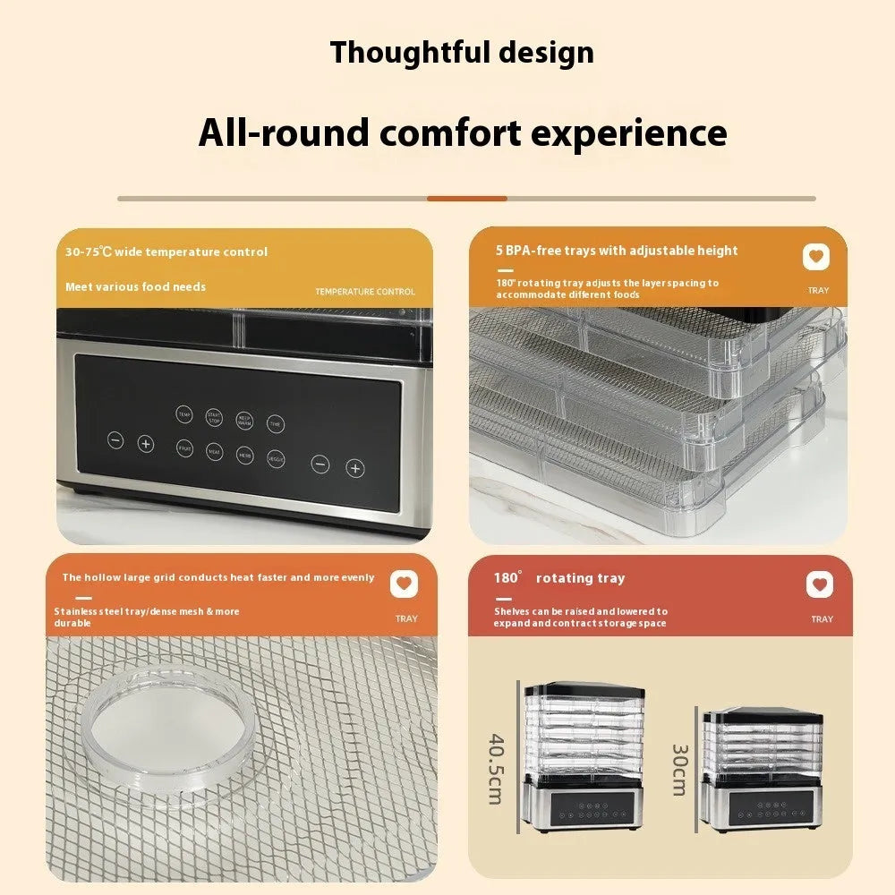 Silver stainless steel household food dehydrator with digital controls and mesh drying trays.