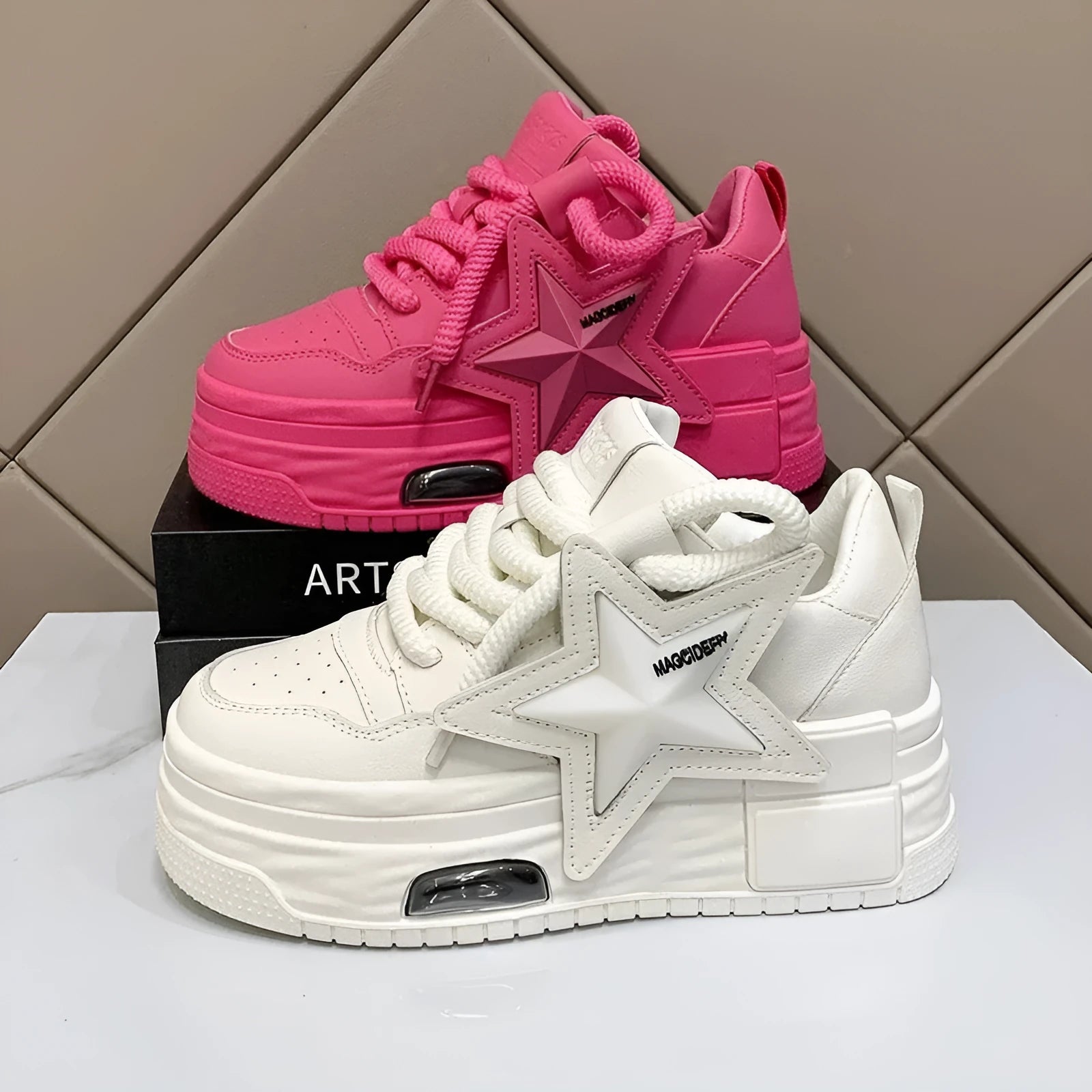 Women's casual platform board shoes in white with low heel, lace-up closure, and rubber sole