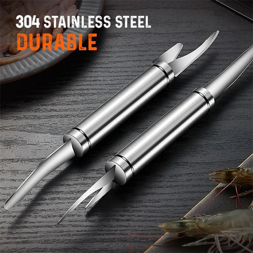Multifunctional 304 stainless steel shrimp remover with eagle-beak tip and double row blades