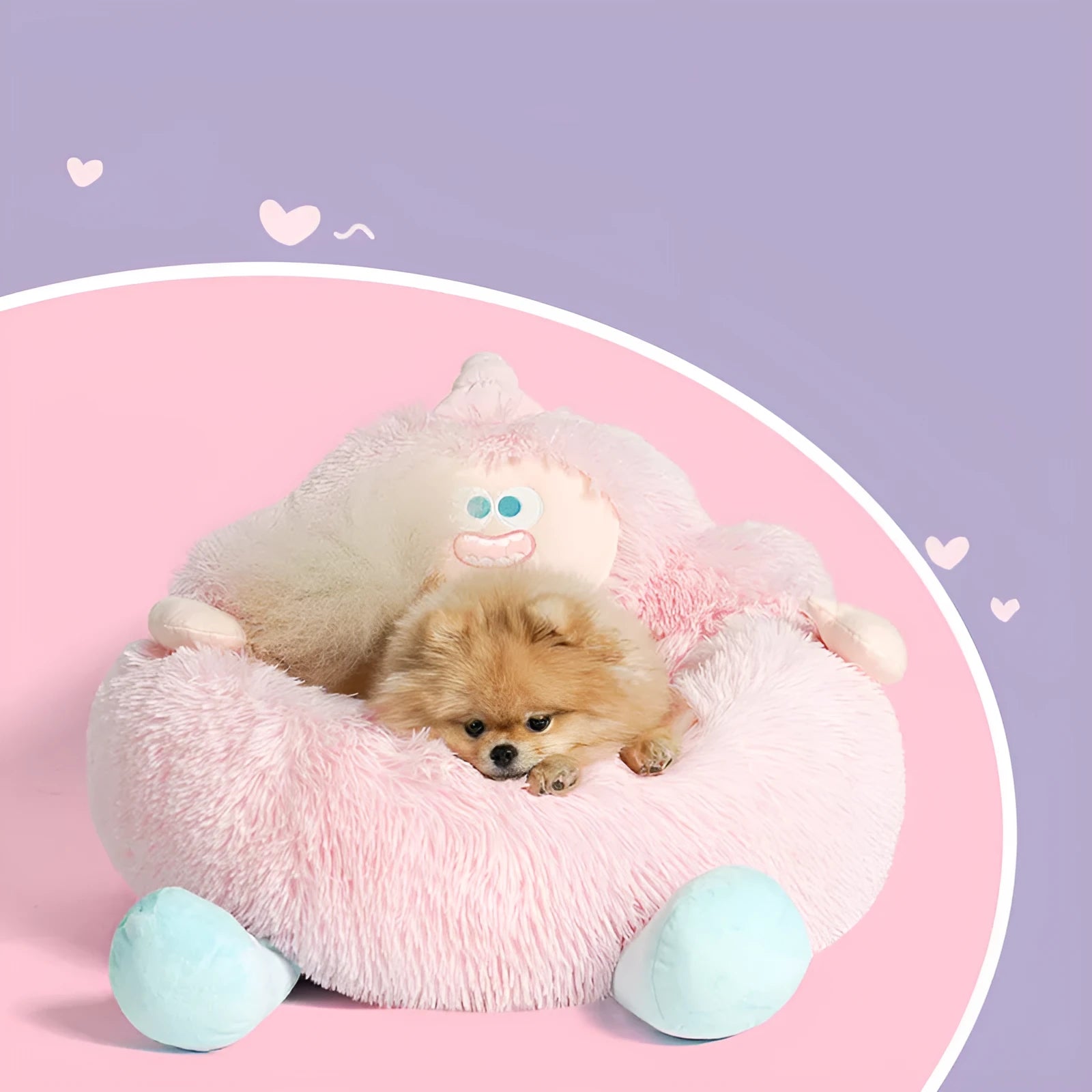 Grey plush round pet nest bed with raised rim for cats and dogs, shown in a home setting.