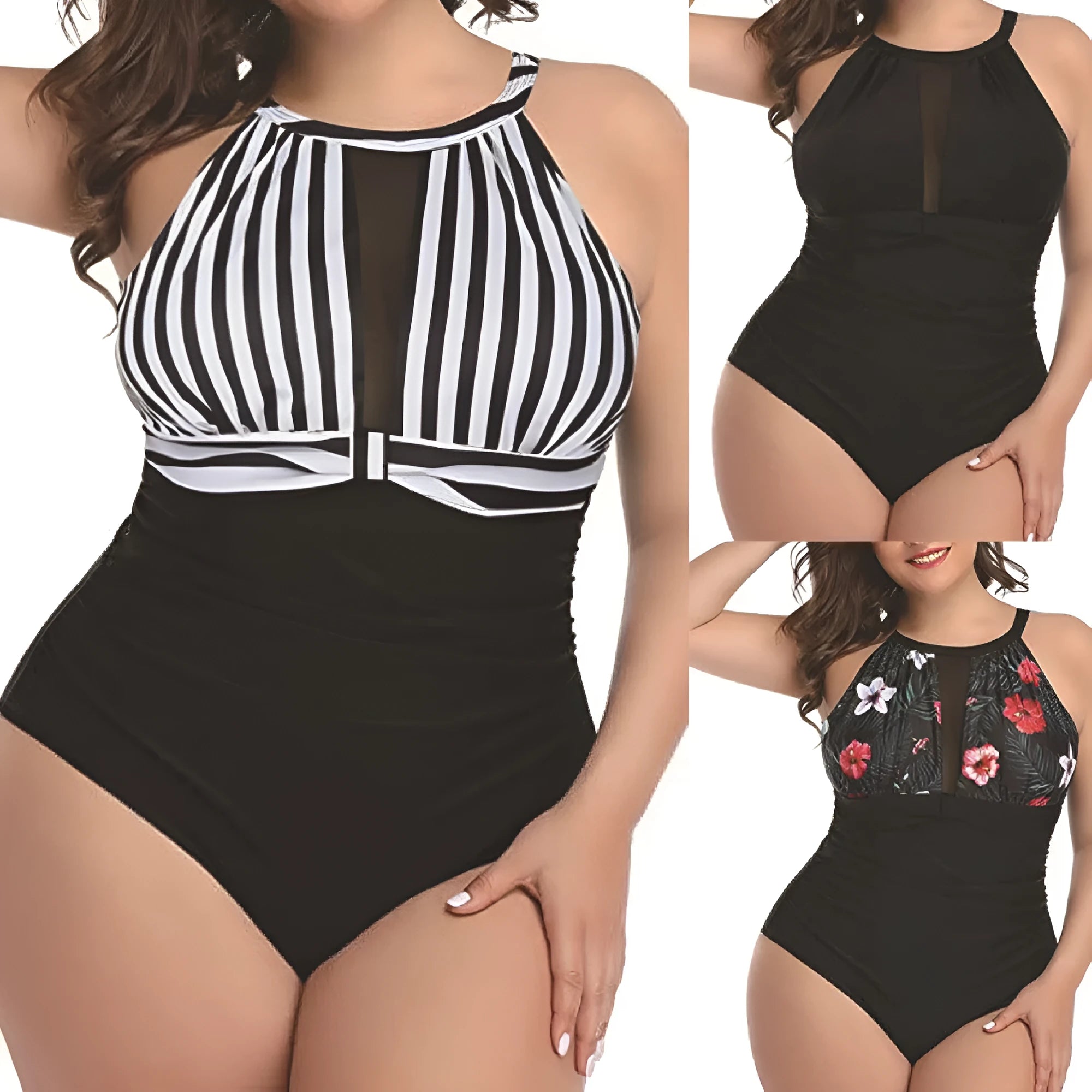Women's black lace one-piece swimsuit on a hanger showing front design