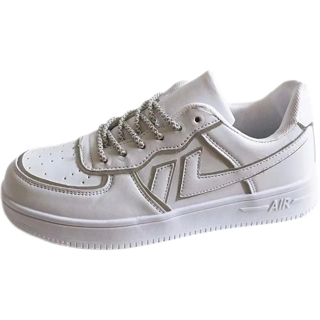 Reflective white unisex low top sneaker with lace up closure, synthetic leather upper, and TPR sole