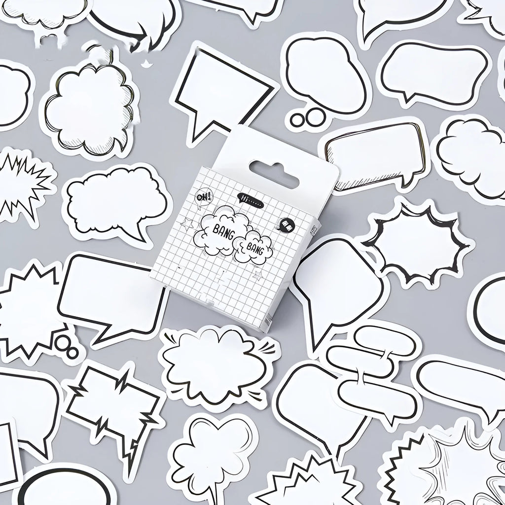 Box containing 45 black and white bubble design stickers for DIY decoration.