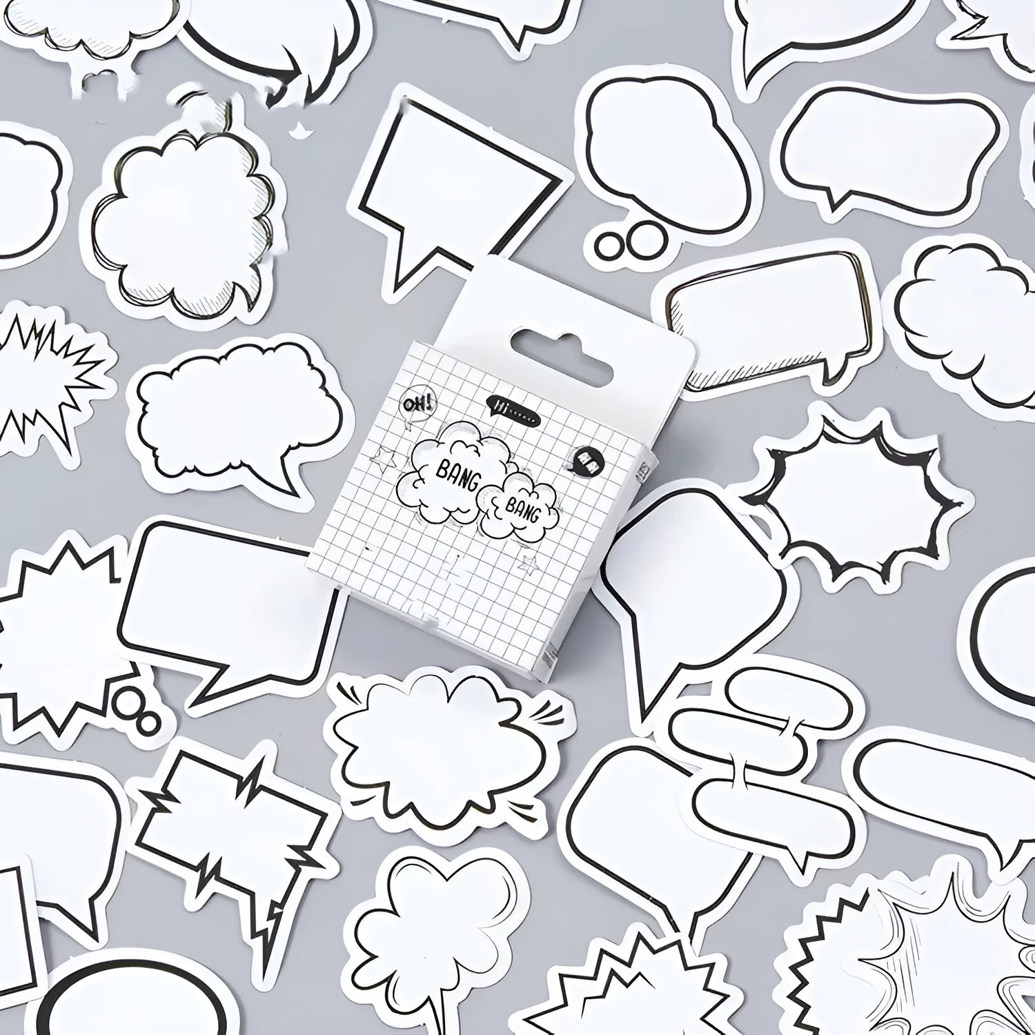 Box containing 45 black and white bubble design stickers for DIY decoration.