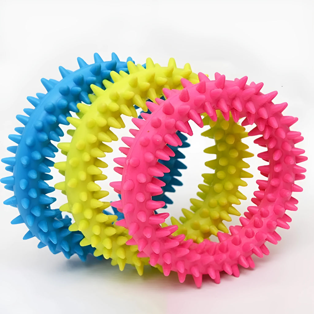 Blue TPR spiky circle ring dog chew toy for dental health and bite training.