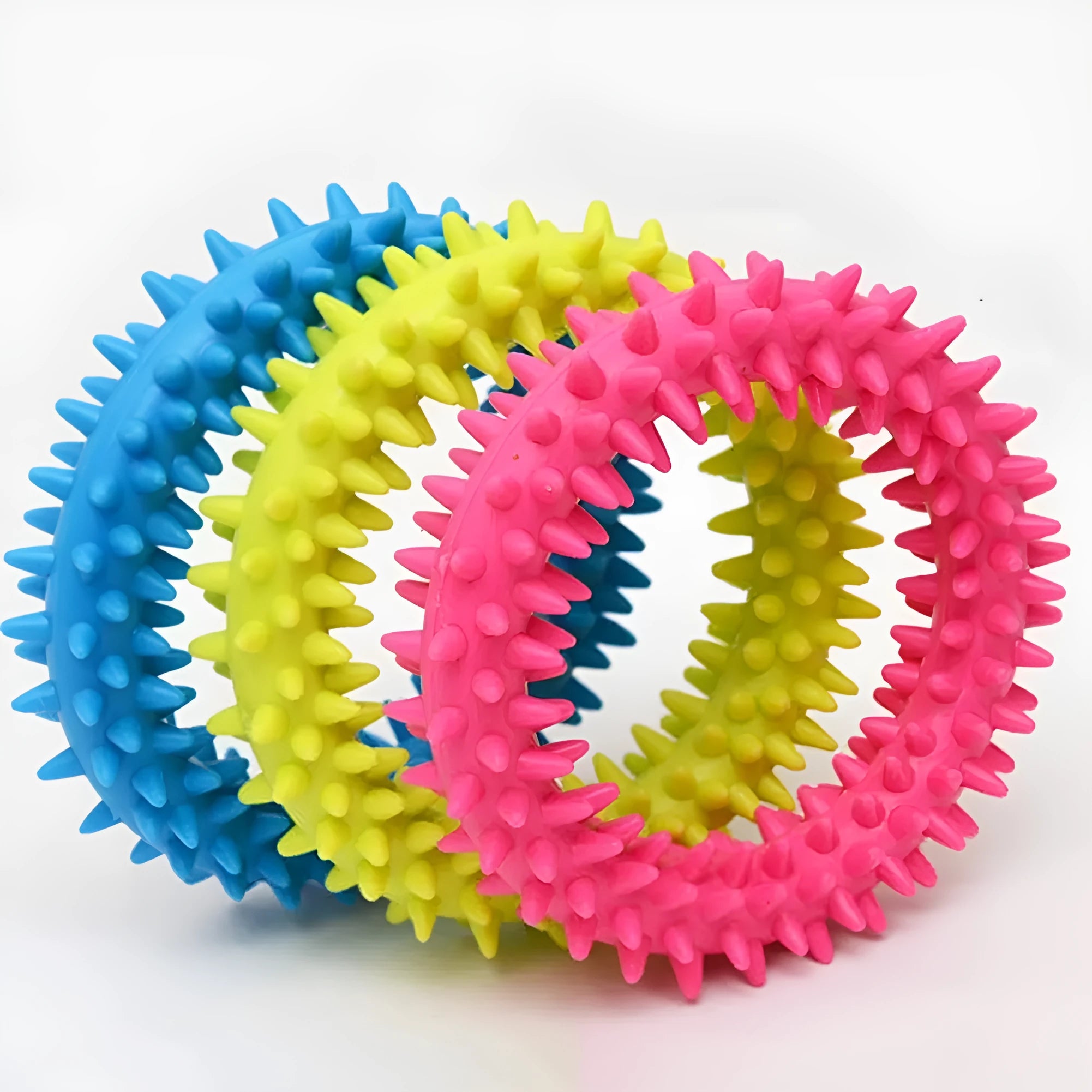 Blue TPR spiky circle ring dog chew toy for dental health and bite training.
