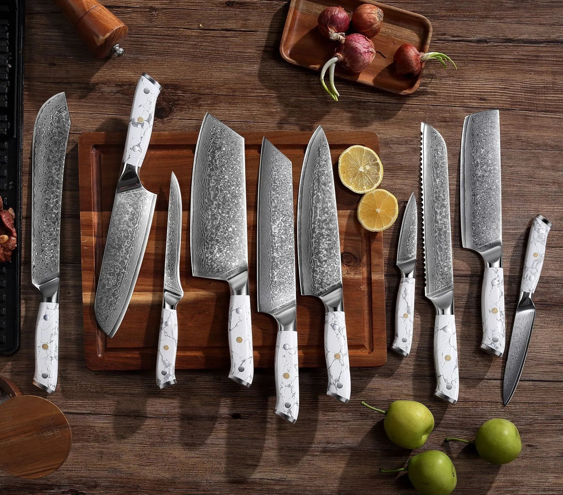 Damascus pattern chef's knife with 32cm total length on kitchen counter