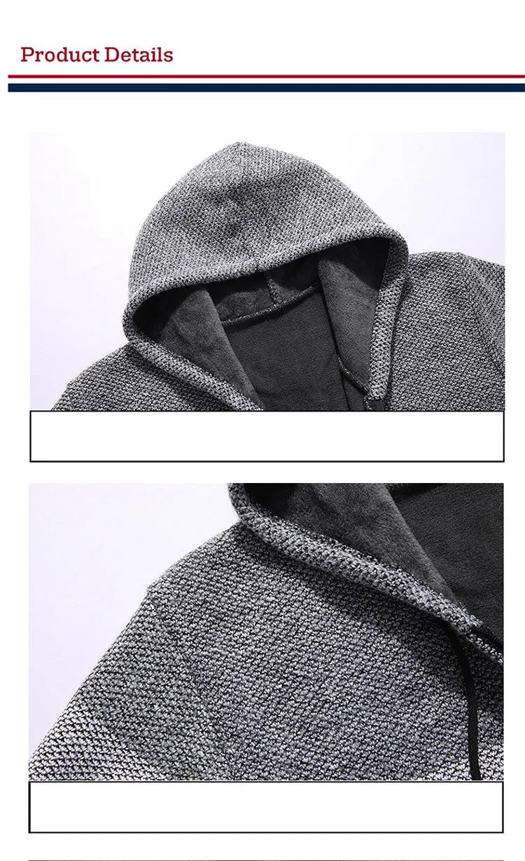 Casual men's hooded plus fleece warm sweater cardigan in grey colour block with long sleeves and zip front