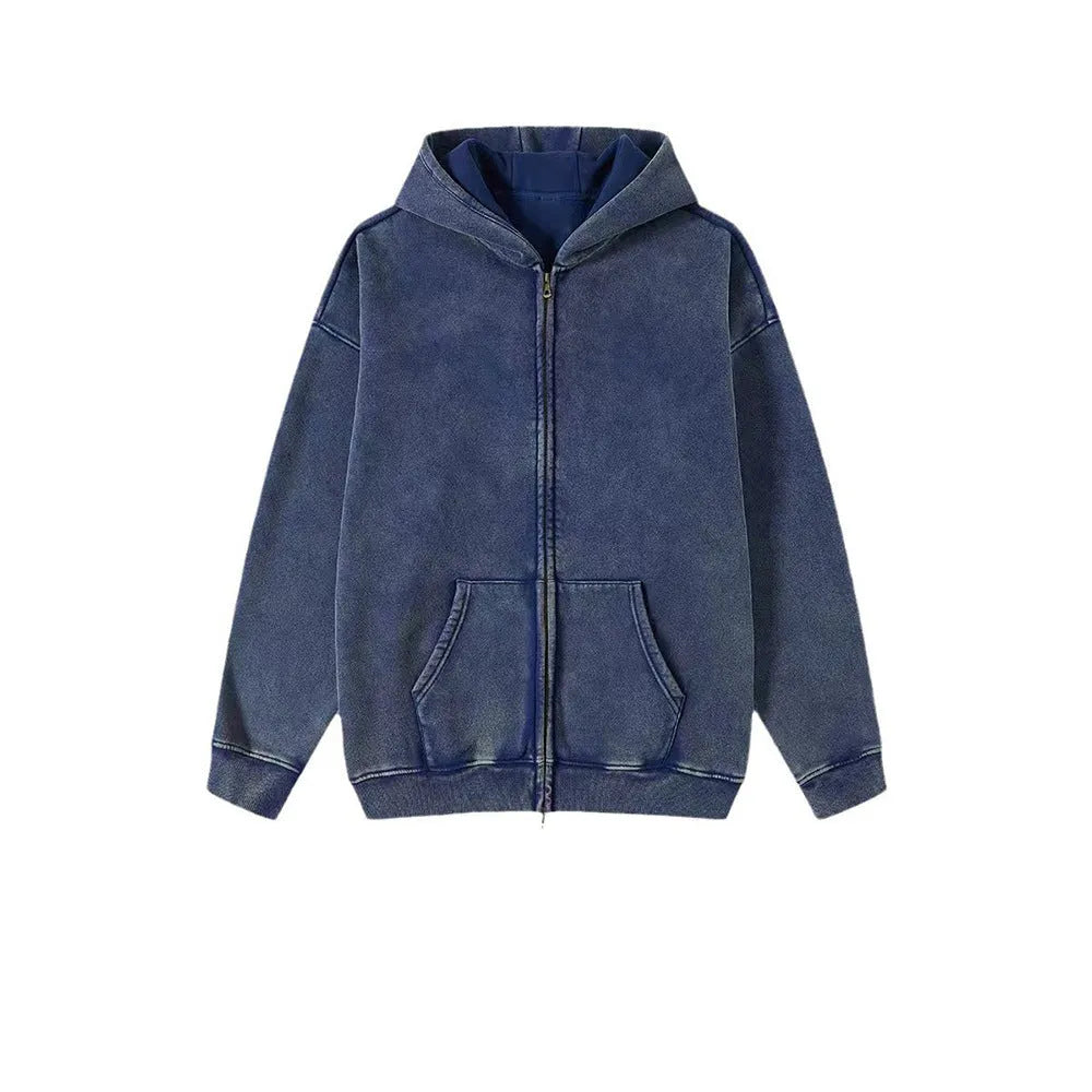 Men's vintage-style hooded cardigan sweater in cotton with a fleece lining and double zipper.