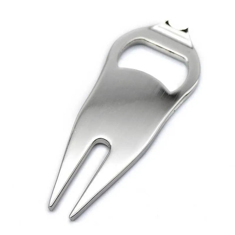 Zinc alloy metal golf ball fork and bottle opener tool in black, green, and silver colour options.