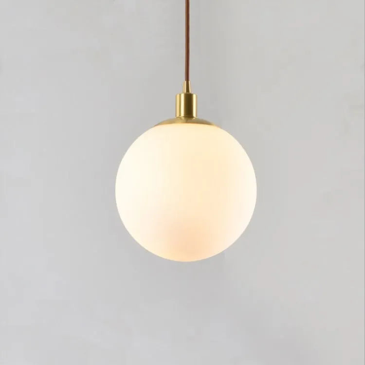 Milk white Nordic round glass chandelier for bedroom bedside, 15-30cm diameter, copper frame