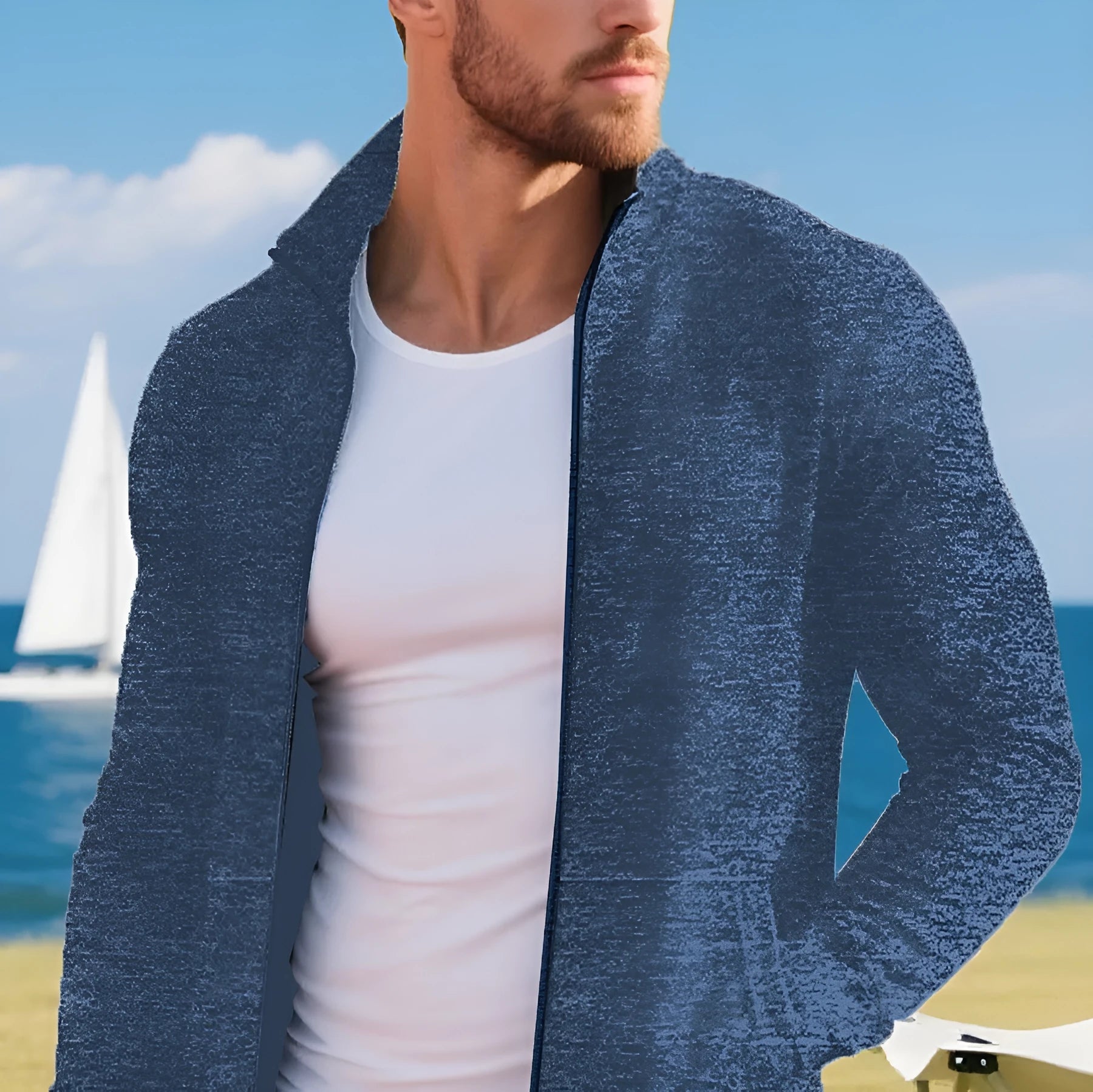 Men's long zipper light fleece jacket plus size casual loose cardigan in dark gray on model