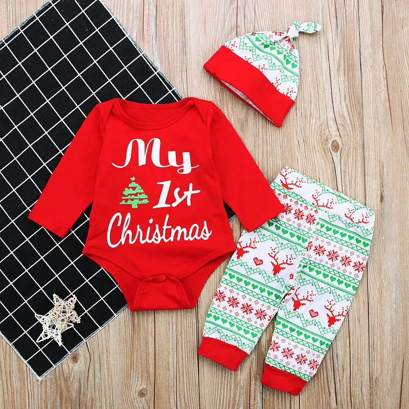 Red cotton baby three-piece suit with long sleeve jumpsuit, pants, and hat featuring letter print