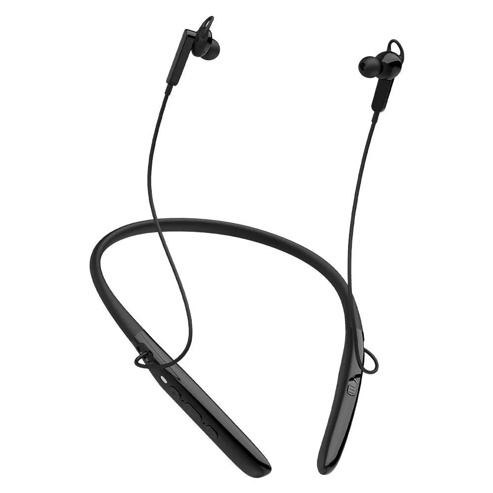Black Bluetooth digital hearing aid with neckband, ABS body, USB power, 15 x 160 x 181mm
