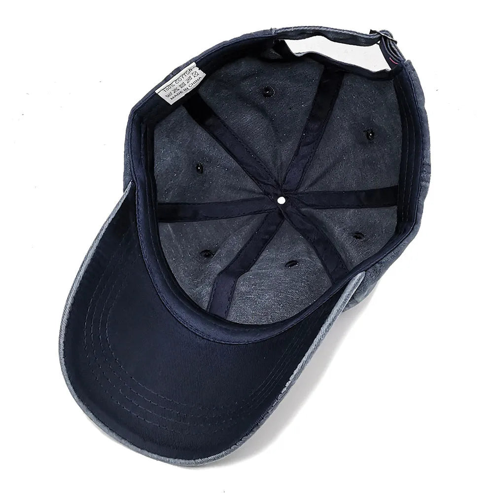 Cotton retro washed sun hat in navy blue with dome crown and sunshade brim, size M 56-58cm, for outdoor fishing