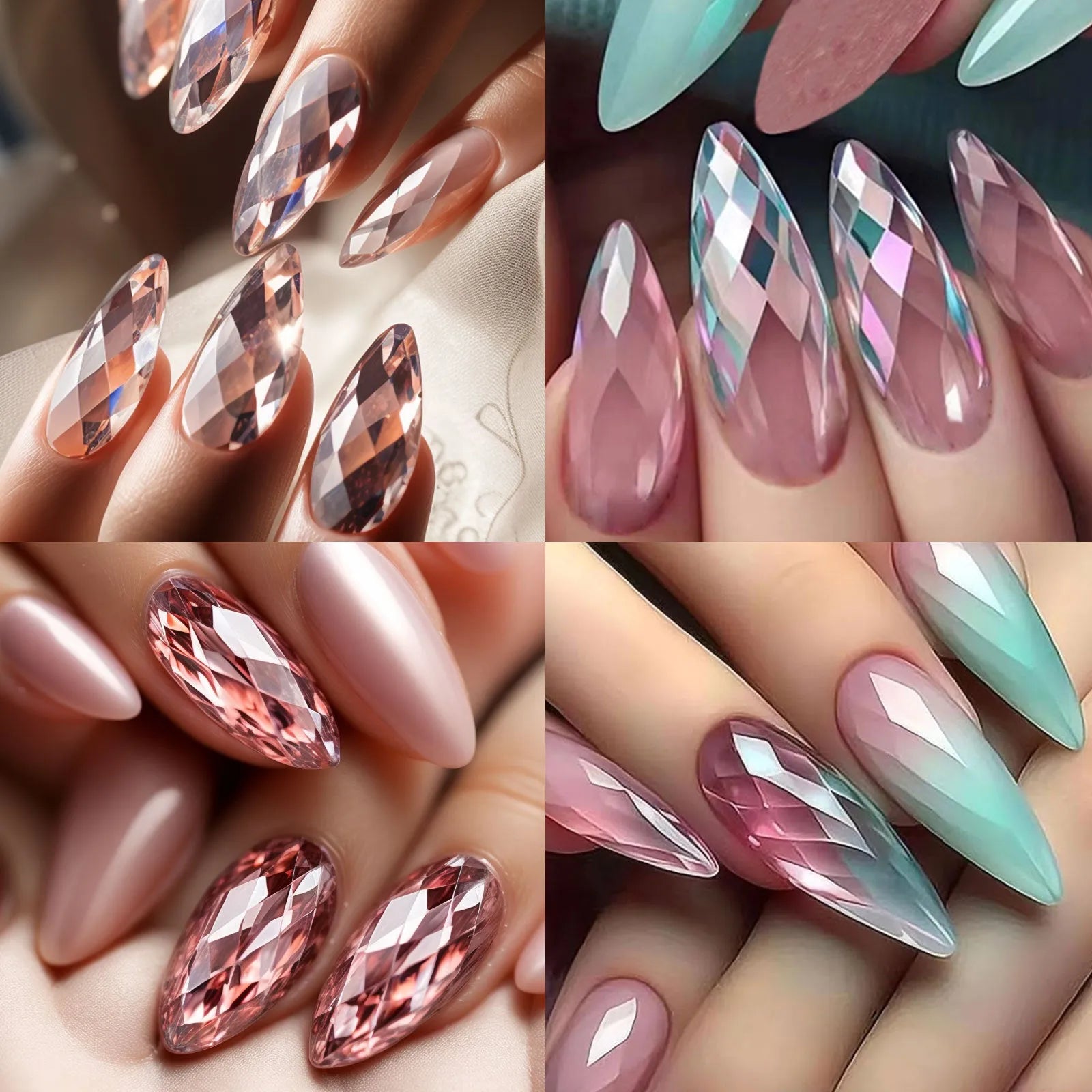 Long coffin-shaped diamond nail tips for 3D styling in assorted colours with transparent adhesive zones