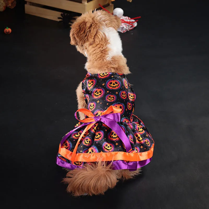 Double-layer dog Halloween skirt with colourful pumpkin or skull pattern