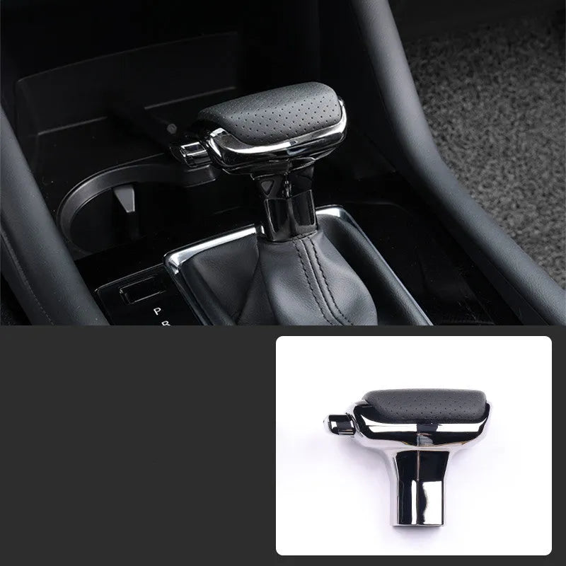 Genuine leather car gear shift knob in black and silver decoration