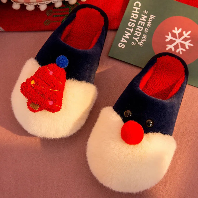 Winter plush Christmas slippers for women with Santa Claus and Christmas tree design, PVC anti-slip sole and artificial wool insole