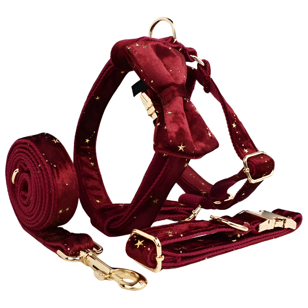 Fabric dog collar set with adjustable lead, bow, flower, vest, and poop bag on pet