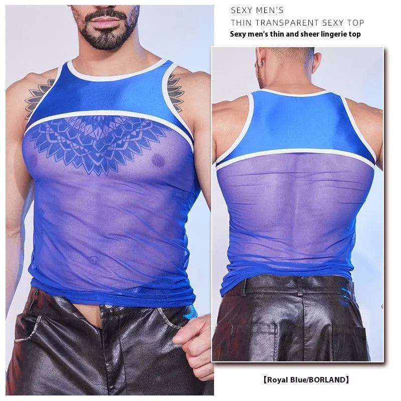 Men's see-through mesh body shaping top in black, high elastic nylon, sheer fabric