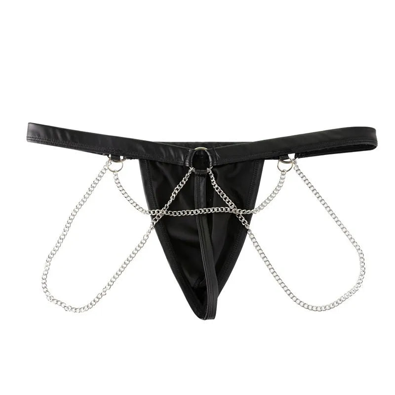 Black men's patent leather-look thong underwear with chain detailing on the front.