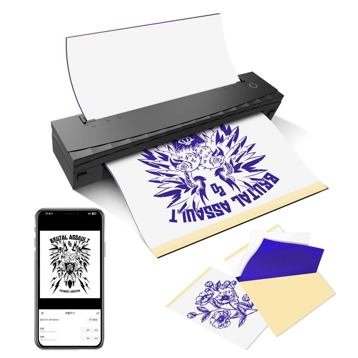 A4 Bluetooth portable mini thermal tattoo printer in D80 Black with USB and Type-C ports