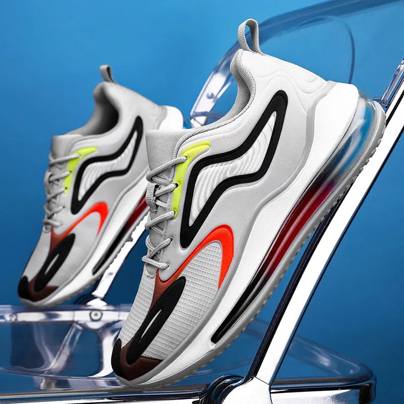 Men's casual mesh sports running shoes with flat heel and round toe, available in black grey and sizes 39 to 46