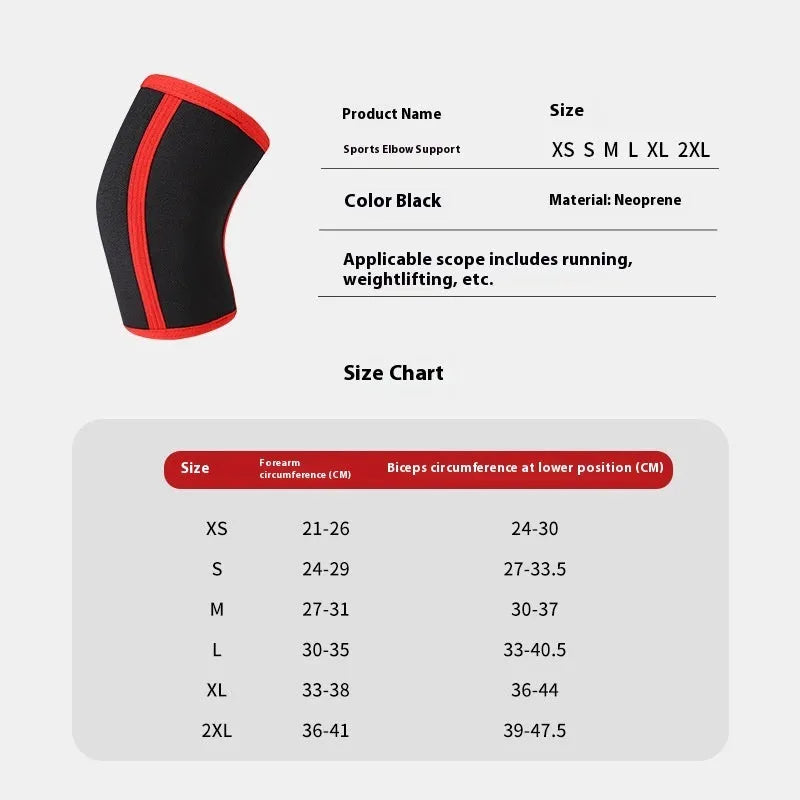 Black neoprene elbow pad for weightlifting and strength training, 7mm 5mm thickness, adult size S to XL