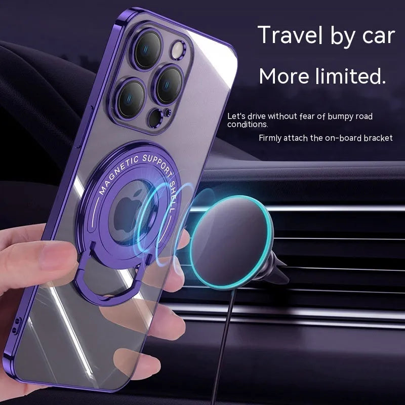 Transparent magnetic iPhone case with a silver pull-out bracket extended, showing dark purple iPhone inside.