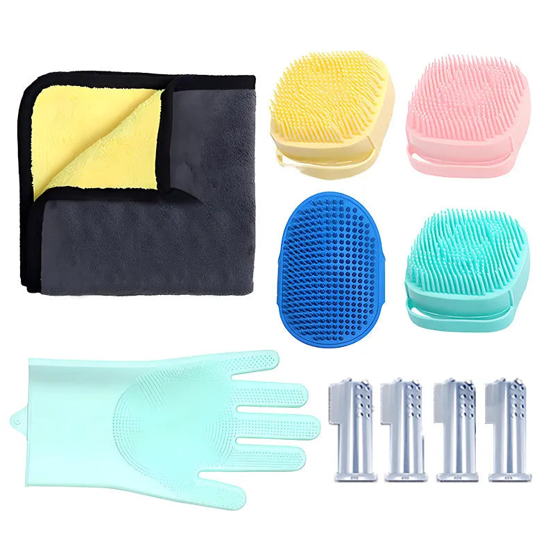 Silicone dog bathing gloves set in blue, pink or yellow, 3-piece to 9-piece options