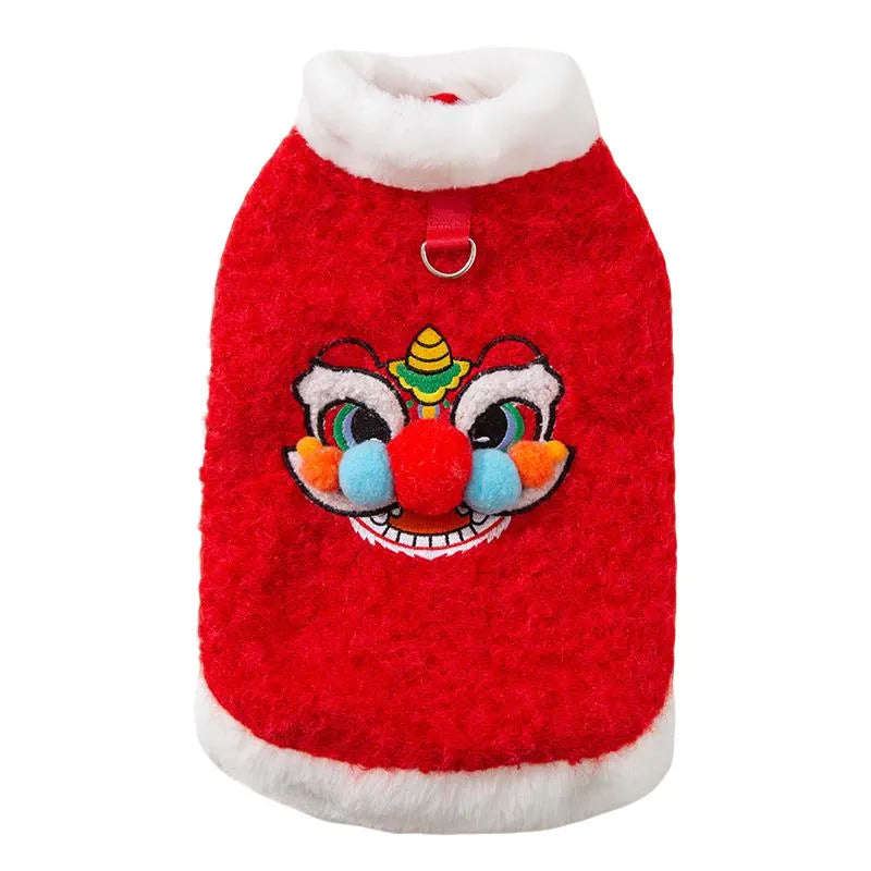 Red lion dance pet vest for cats and small dogs with 3D face, faux fur trim and leash ring.