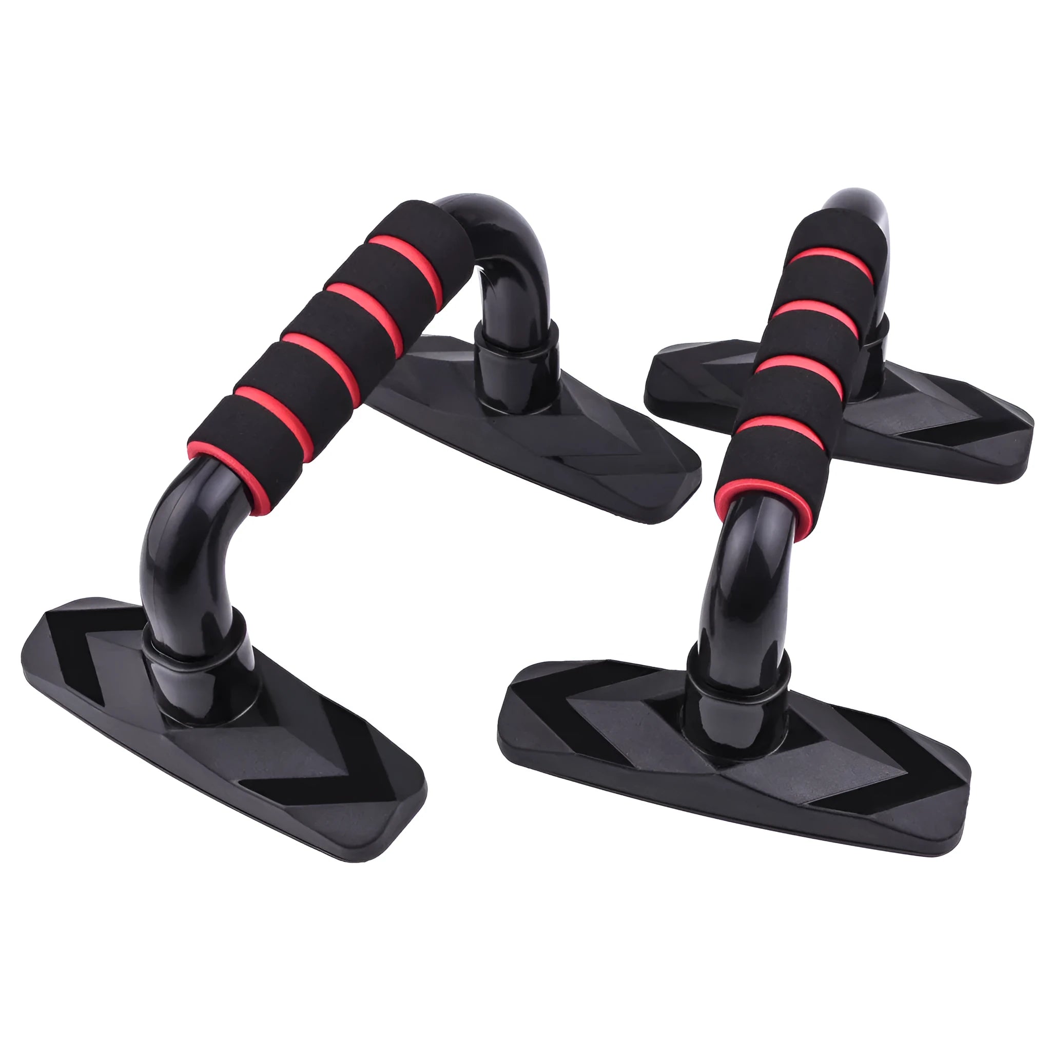 I-shaped push up bars in black, blue, gray, and red colours for strength training exercises