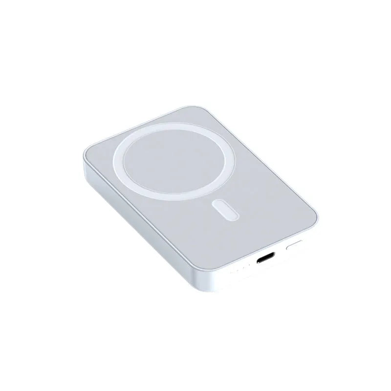 Pink plastic magnetic wireless power bank showing dimensions and 20000mAh capacity label.